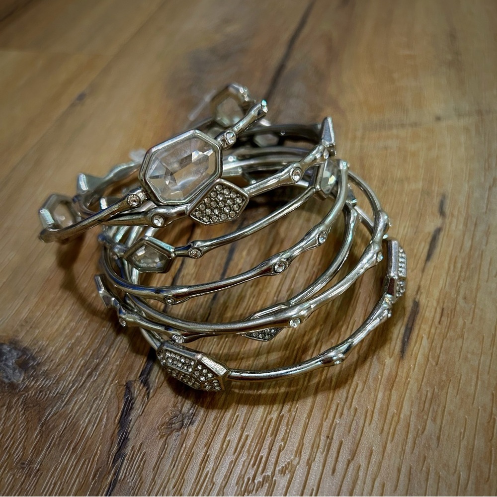 R.J Graziano Silver Tone Vintage Bangle Set with Clear Gem Accents